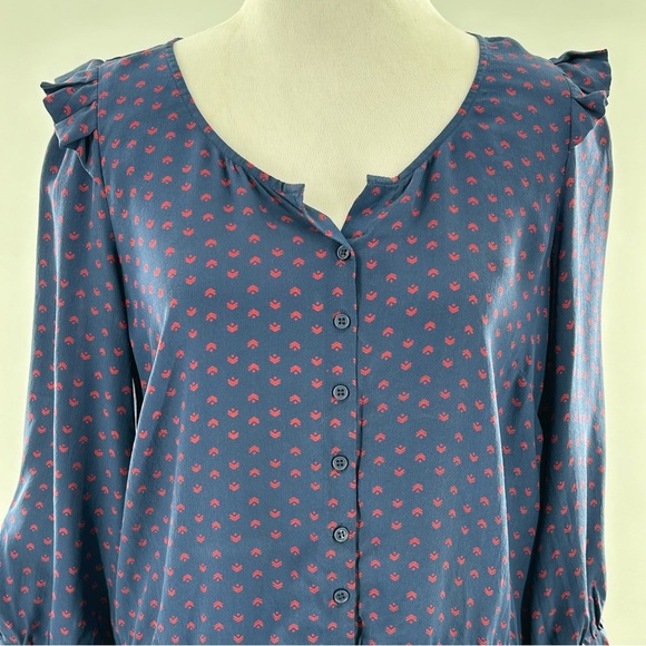 Petticoat Alley top S blue red 100% silk ruffle button down statement sleeves - Picture 3 of 12